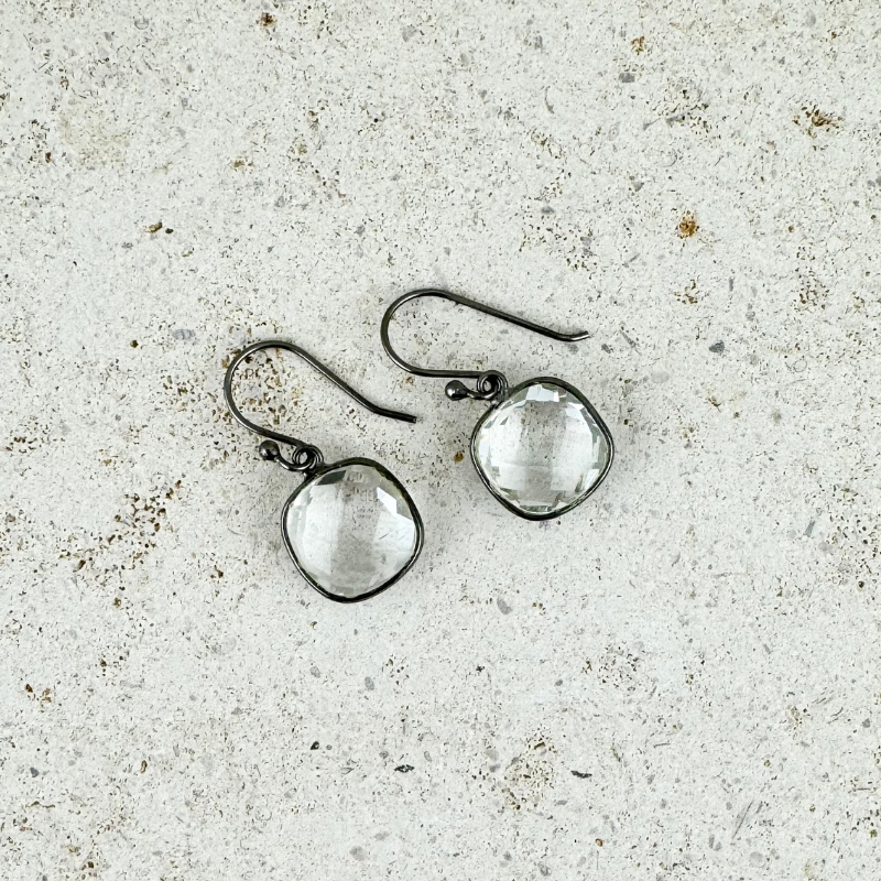 AME earrings, crystal quartz and black silver sterling silver.