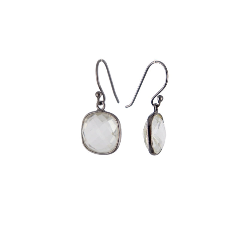 AME earrings, crystal quartz and black silver sterling silver.